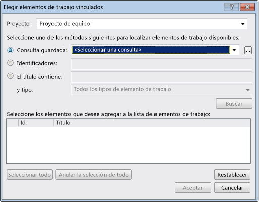 Captura de pantalla que muestra el formulario para elegir elementos de trabajo vinculados