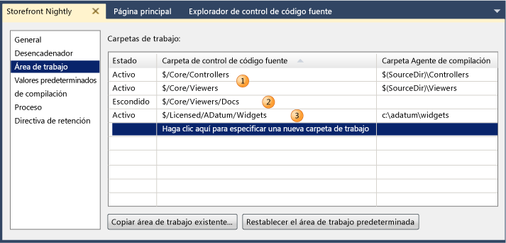 Ejemplo del área de trabajo de la definición de compilación