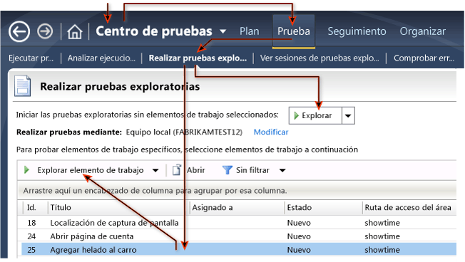 Iniciar una sesión de pruebas exploratorias