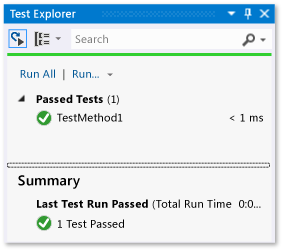 Explorador de pruebas unitarias con una prueba superada