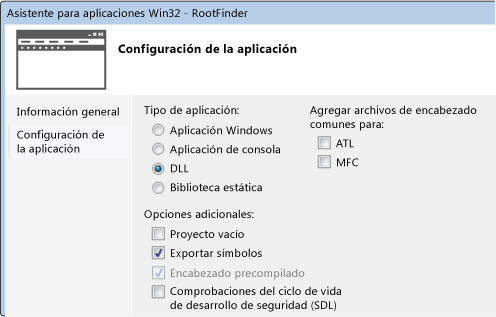 Asistente para proyectos de C++ con las opciones de DLL y de exportar símbolos