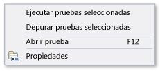 Explorador de pruebas unitarias: menú contextual de pruebas unitarias