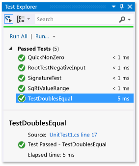 Explorador de pruebas unitarias que muestra una prueba superada para Equal