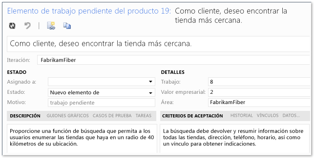 Criterios de aceptación y esfuerzo del elemento de trabajo pendiente