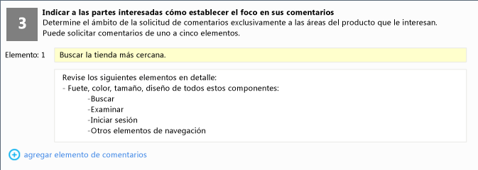 Título del elemento de comentarios e instrucciones de detalles