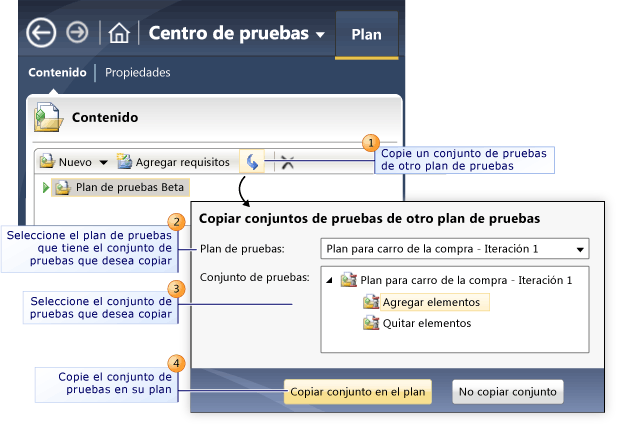 Copiar conjuntos de pruebas de otro plan de pruebas