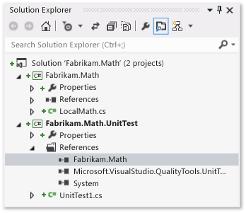 Explorador de soluciones con proyectos de prueba y clase