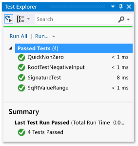 Explorador de pruebas unitarias con cuatro pruebas superadas