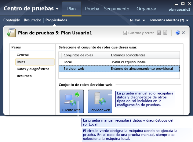 Página Roles de Configuración de pruebas