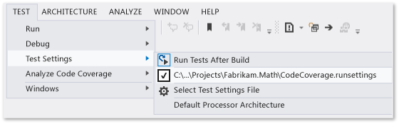 Menú de configuración de pruebas con archivo de configuración personalizado