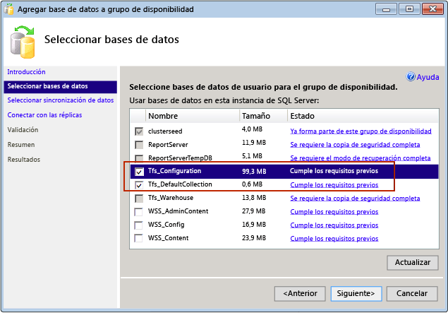 Agregar las bases de datos de TFS al grupo de disponibilidad AlwaysOn