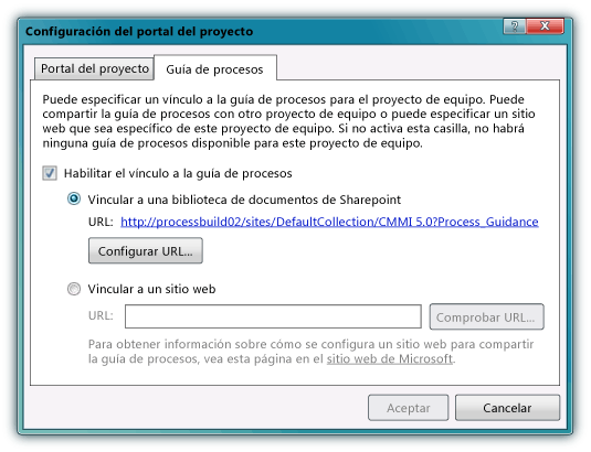 Pestaña Guía de procesos del cuadro de diálogo Configuración del portal del proyecto