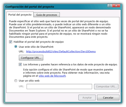 Cuadro de diálogo Configuración del portal del proyecto