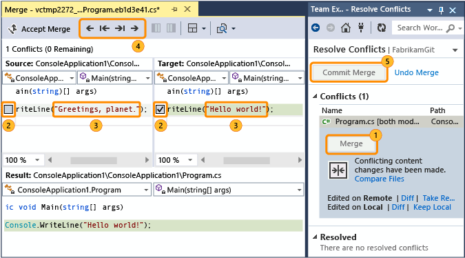 Using the Merge window to resolve a conflict