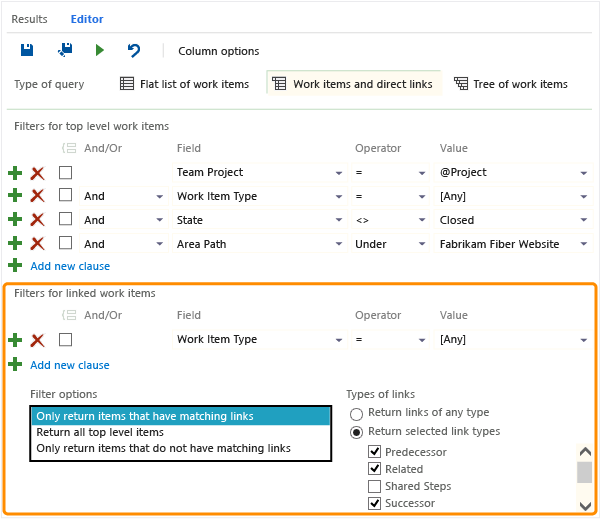 Direct links query editor