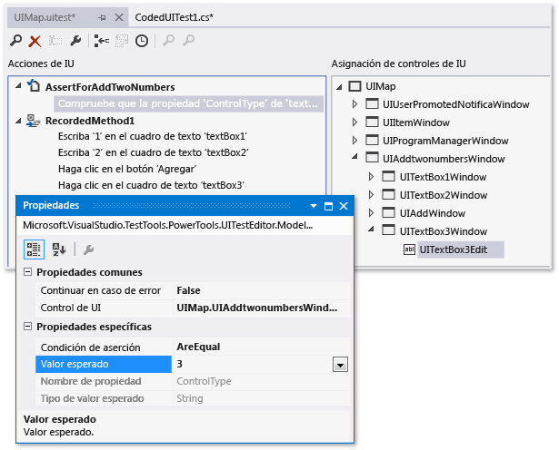 Editar aserción con el Editor de pruebas de IU codificadas