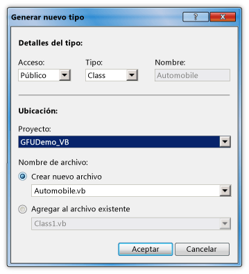 Cuadro de diálogo Generar nuevo tipo