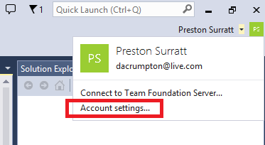 Menú de configuración de la cuenta de Visual Studio