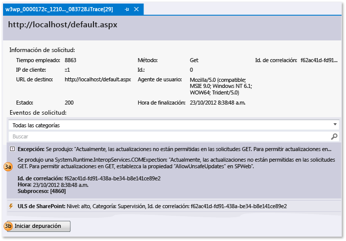 Archivo de registro de IntelliTrace: Ver solicitud y eventos web