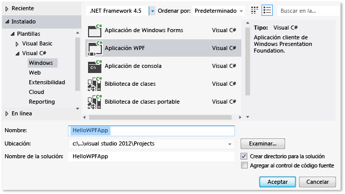Crear un proyecto de WPF de Visual C#, HelloWPFApp