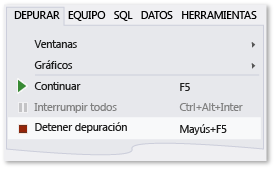 Comando Detener depuración del menú Depurar