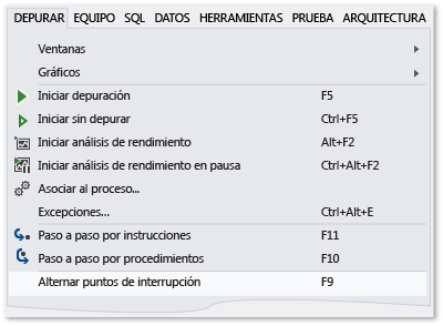 Comando Alternar puntos de interrupción del menú Depurar