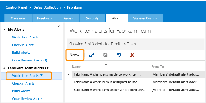 Work Item Alerts link on Alerts admin page