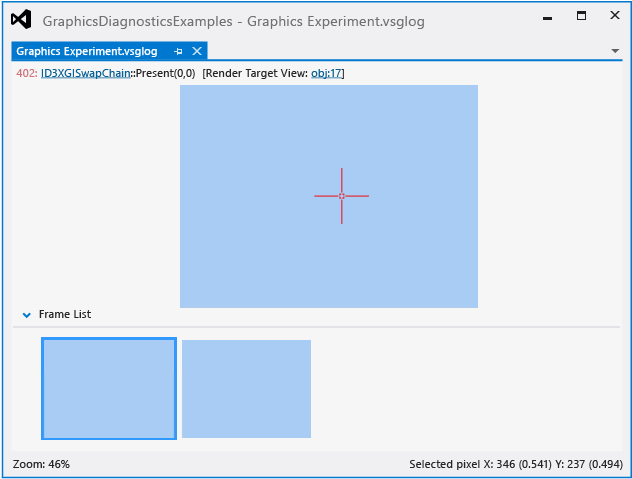 The .vsglog tab framebuffer preview and frame list