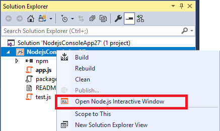 Node.js interactive window in project context menu