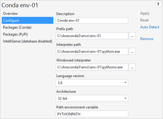 Python Environments configure tab