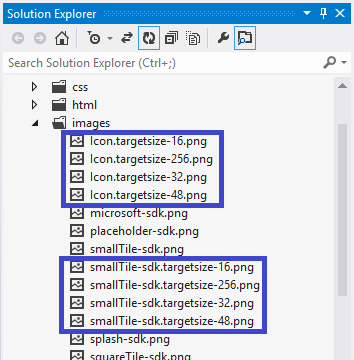 El Explorador de soluciones con una vista de los archivos en la carpeta de imágenes. Hay versiones de 16, 32, 48 y 256 píxeles de ‘Icon.targetsize’ y ‘smallTile-sdk’