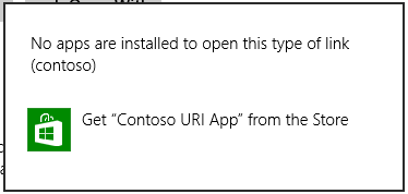 El diálogo Abrir con para un inicio del URI de contoso. Como contoso no tiene un controlador instalado en la máquina, el diálogo contiene una opción con el icono y el texto de la Tienda que apunta al usuario al controlador correcto en la Tienda. El diálogo también contiene un vínculo ‘Más opciones’.