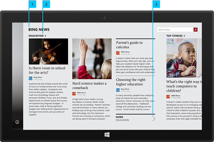 Aplicación Bing Noticias que muestra el encabezado, la etiqueta de sección y vínculo a más información