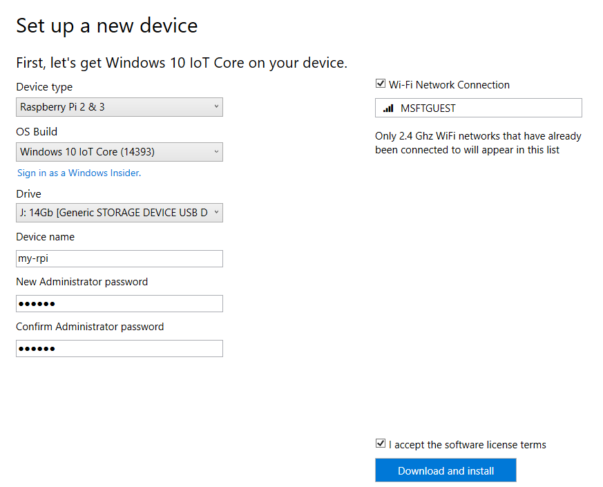 Página de configuración del panel de IoT