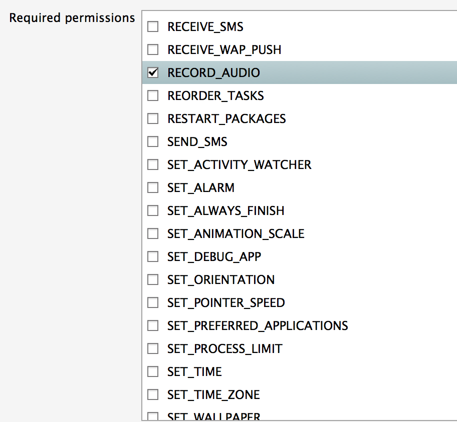 Sección de permisos necesarios del manifiesto de Android con RECORD_AUDIO habilitado