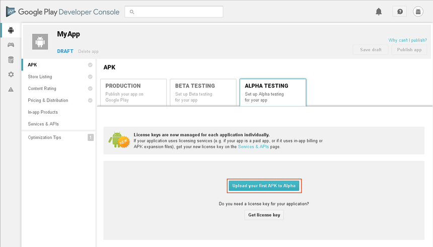Upload your first APK to Alpha button