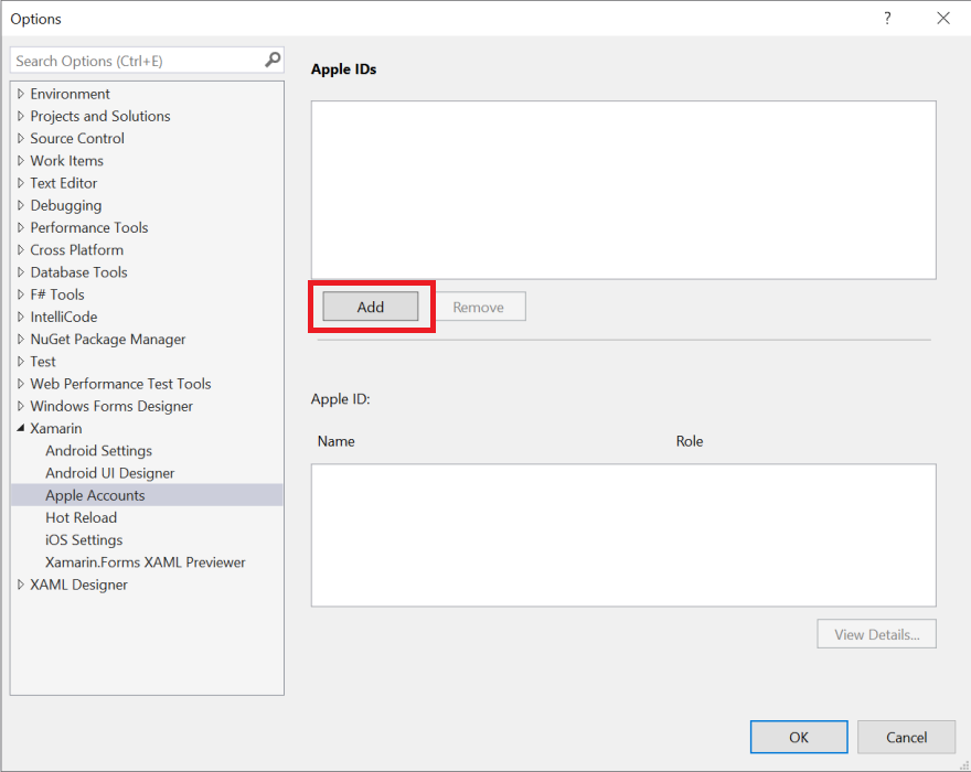 Screenshot of Apple Accounts page in Visual Studio options.