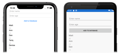 Captura de pantalla de la base de datos local SQLite.NET en iOS y Android