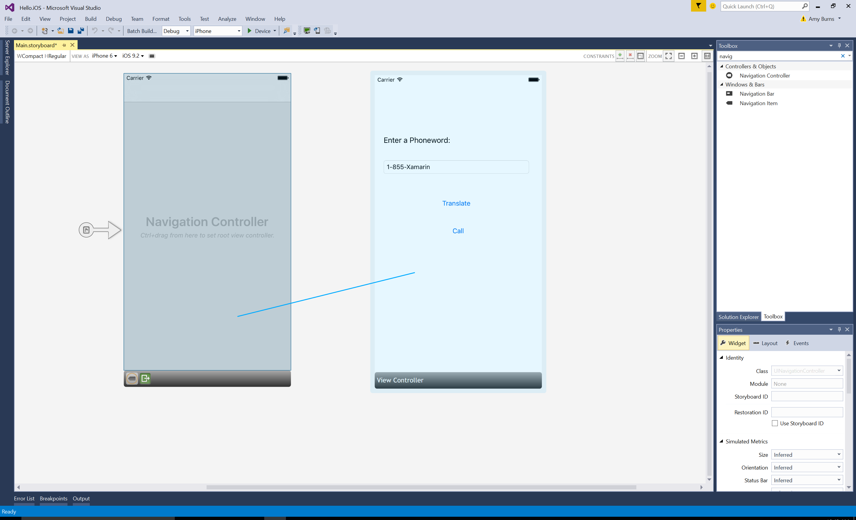 Arrastre desde el controlador de navegación a la escena de Phoneword y suelte