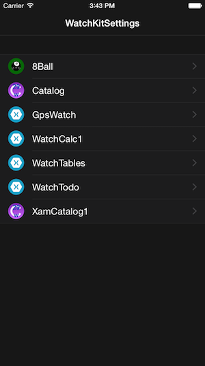 Captura de pantalla que muestra WatchKitSettings en la aplicación.