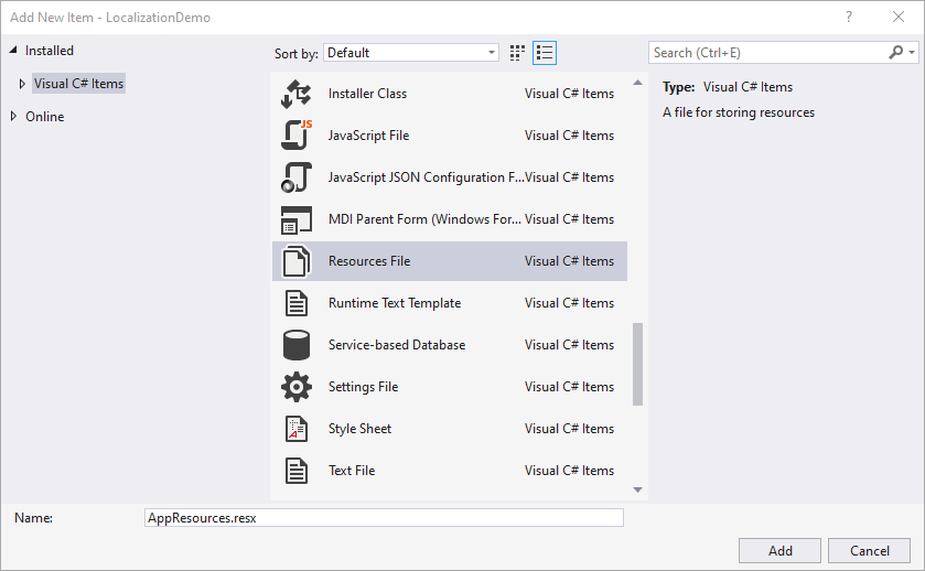 Adición de un nuevo recurso en Visual Studio 2019