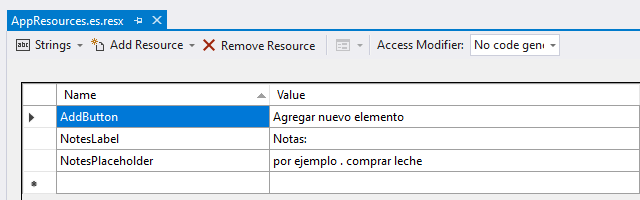 Especificación de los recursos de texto en español predeterminados en un archivo .resx