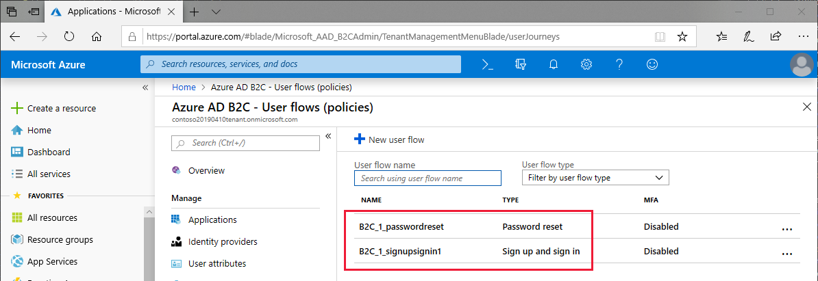 Dos directivas configuradas en la vista Flujos de usuario de Azure (directivas)