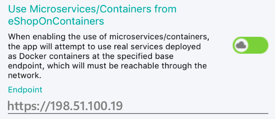 Configuración de usuario expuesta por la aplicación móvil eShopOnContainers