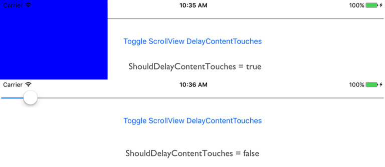 Retraso de los toques de contenido de ScrollView específico de la plataforma