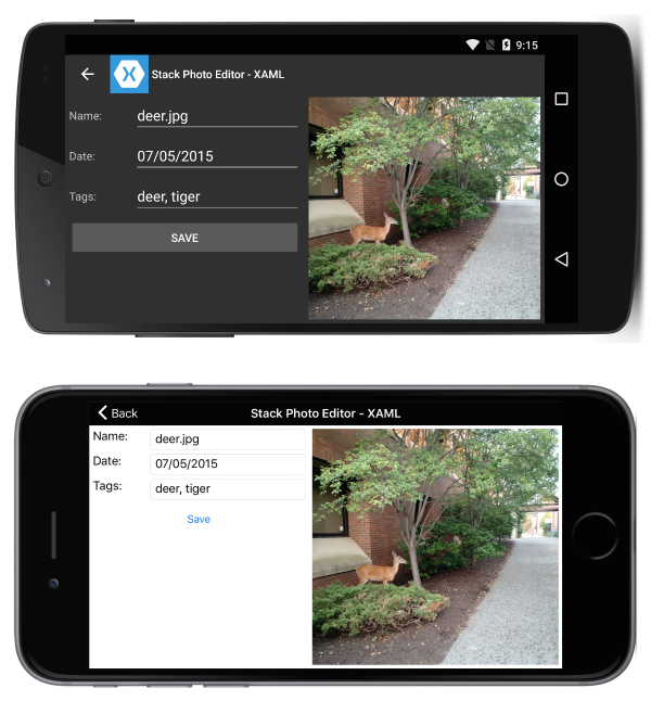 Captura de pantalla que muestra Photo Application StackLayout en horizontal.