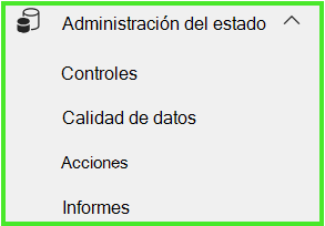 Captura de pantalla del menú del catálogo de datos con la sección administración de estado resaltada.