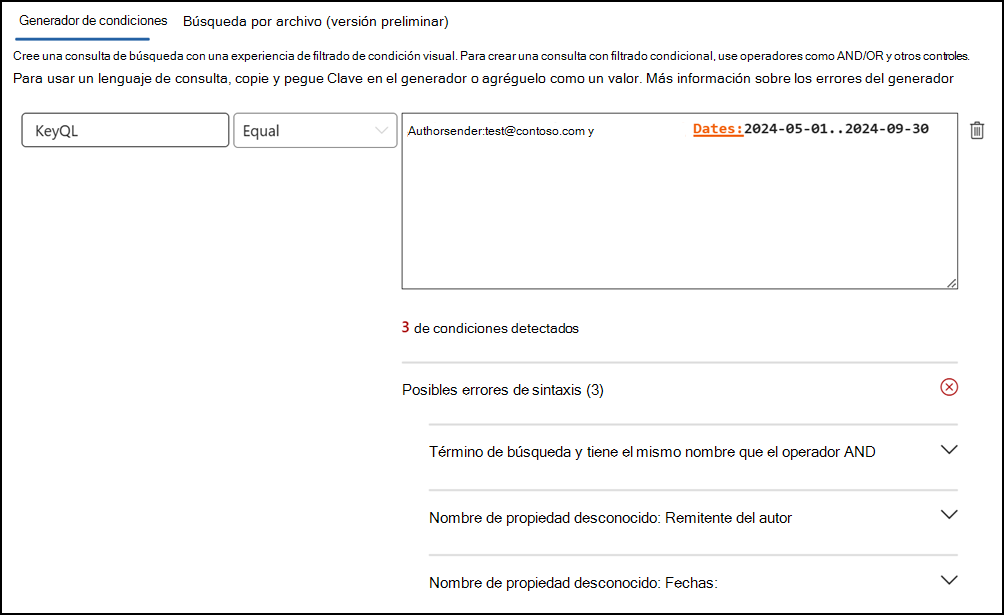 Detección de errores del editor de KeyQL.