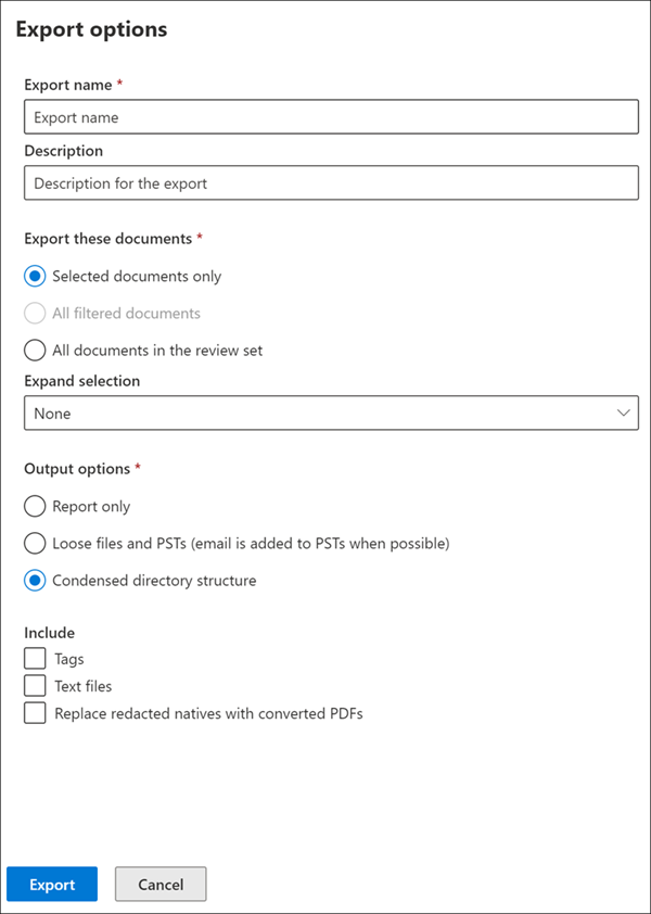 Opciones de configuración para exportar elementos de un conjunto de revisión.