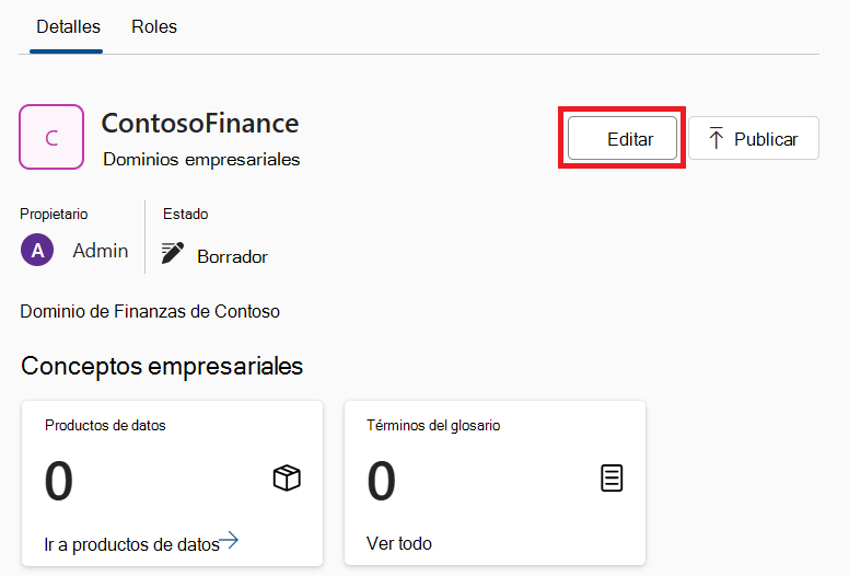 Captura de pantalla de una página de detalles de dominio de gobernanza con el botón editar resaltado.